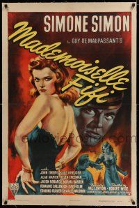 7x240 MADEMOISELLE FIFI linen 1sh '44 great sexy artwork of Simone Simon, directed by Robert Wise!