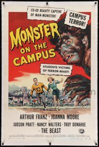 7x258 MONSTER ON THE CAMPUS linen 1sh '58 Reynold Brown art of test tube terror amok on the college!