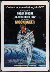 7x260 MOONRAKER linen style A advance 1sh '79 art of Roger Moore as Bond in space by Goozee!