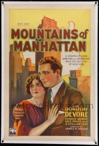 7x263 MOUNTAINS OF MANHATTAN linen 1sh '27 cool stone litho of lovers amid the skyline of New York!