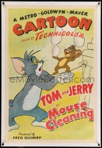 7x264 MOUSE CLEANING linen 1sh '48 Tom tries to catch Jerry juggling eggs on tightrope, cartoon art!