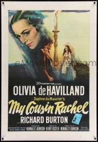 7x265 MY COUSIN RACHEL linen 1sh '53 art of pretty Olivia de Havilland & Richard Burton by candle!