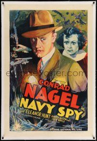 7x269 NAVY SPY linen 1sh '37 cool artwork of Conrad Nagel & Eleanor Hunt w/ crashing aircraft!