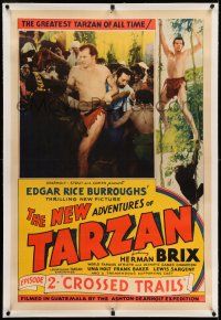 7x272 NEW ADVENTURES OF TARZAN linen chapter 2 1sh '35 Bruce Bennett with natives in inset & border!