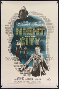 7x273 NIGHT & THE CITY linen 1sh '50 wrestling promoter Richard Widmark, sexy Gene Tierney, classic!