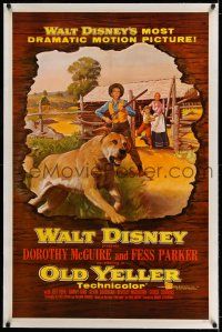 7x284 OLD YELLER linen 1sh '57 Dorothy McGuire, Fess Parker, art of Disney's most classic canine!