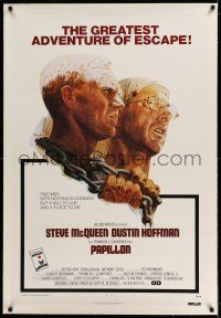 7x290 PAPILLON linen 1sh '74 wonderful art of prisoners Steve McQueen & Dustin Hoffman by Tom Jung!