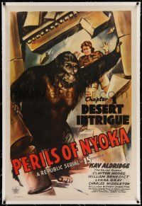7x296 PERILS OF NYOKA linen chapter 1 1sh '42 Republic serial, art of Kay Aldridge by giant gorilla!