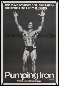 7x308 PUMPING IRON linen 1sh '77 full-length image of body builder Ed Corney over black background!