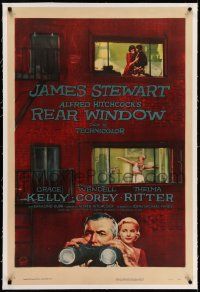 7x316 REAR WINDOW linen 1sh '54 Alfred Hitchcock, art of voyeur Jimmy Stewart & sexy Grace Kelly!