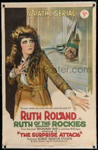 7x332 RUTH OF THE ROCKIES linen chapter 13 1sh '20 great art of Ruth Roland menaced by gun in wall!
