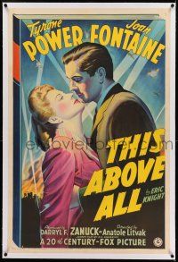 7x388 THIS ABOVE ALL linen 1sh '42 Fox stone litho of Tyrone Power about to kiss Joan Fontaine!