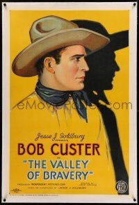 7x409 VALLEY OF BRAVERY linen 1sh '26 incredible stone litho of cowboy hero Bob Custer with shadow!