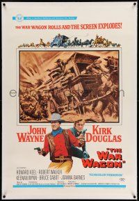 7x420 WAR WAGON linen 1sh '67 cowboys John Wayne & Kirk Douglas, western armored stagecoach artwork!