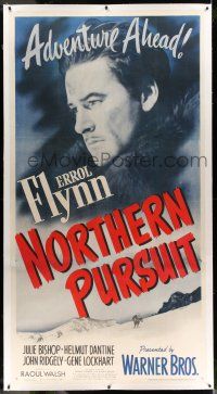 7y062 NORTHERN PURSUIT linen 3sh '43 Mountie Errol Flynn pretends to help Nazis & betray Canada!