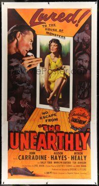 7y074 UNEARTHLY linen 3sh '57 John Carradine & sexy Allison Hayes lured to the house of monsters!