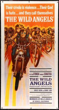 7y075 WILD ANGELS linen 3sh '66 classic art of biker Peter Fonda & sexy Nancy Sinatra on motorcycle!