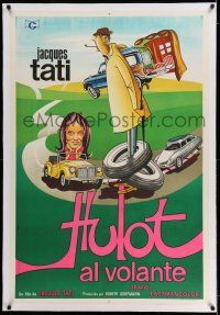 7y247 TRAFFIC linen Argentinean '71 great wacky art of Jacques Tati as Mr. Hulot by Aler!