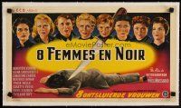 7y274 8 WOMEN IN BLACK linen Belgian '60 really cool different film noir murder artwork!