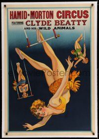 7y102 HAMID-MORTON CIRCUS linen 28x41 circus poster '40s great artwork of sexy trapeze acrobats!