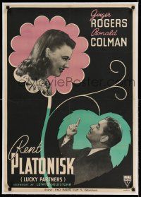 7y179 LUCKY PARTNERS linen Danish '48 different image of Ronald Colman & Ginger Rogers in flower!