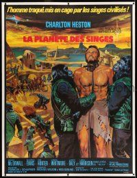 7y014 PLANET OF THE APES linen French 1p '68 art of enslaved Charlton Heston by Jean Mascii!
