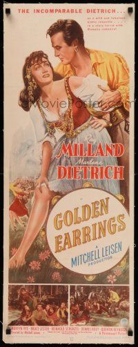 7y141 GOLDEN EARRINGS linen insert '47 artwork of sexy gypsy Marlene Dietrich & Ray Milland!