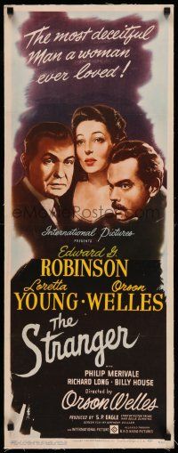 7y146 STRANGER linen insert '46 great art of Orson Welles, Edward G. Robinson & Loretta Young!