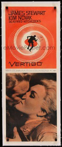 7y149 VERTIGO linen insert '58 Alfred Hitchcock classic, Saul Bass art + Stewart & Novak kissing!