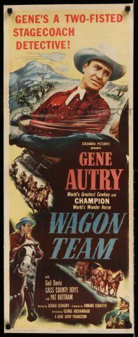 7y150 WAGON TEAM linen insert '52 cowboy Gene Autry is a two-fisted stagecoach detective!