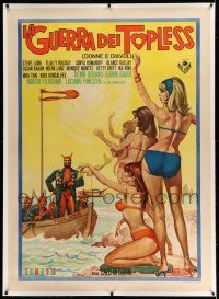 7y030 TOPLESS WAR linen Italian 1p '64 art of sexy girls in bikinis waving at Devils in lifeboat!