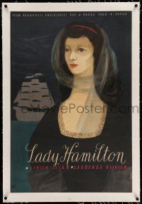 7y181 THAT HAMILTON WOMAN linen Polish 23x34 '57 Wenzel art of pretty Vivien Leigh & sailing ship!