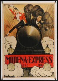 7y105 MODENA EXPRESS linen 28x39 Italian travel poster '30s wonderful stone litho of men on train!