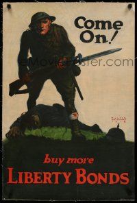 7y079 COME ON BUY MORE LIBERTY BONDS linen 20x30 WWI war poster '18 Whitehead art of U.S. soldier!