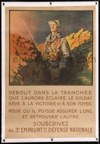 7y077 DEBOUT DANS LA TRANCHEE QUE L'AURORE ECLAIRE linen 31x45 French WWI war poster '17 Droit art!