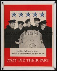 7y090 FIVE SULLIVAN BROTHERS linen 22x28 WWII war poster '43 WWII missing in action off the Solomons