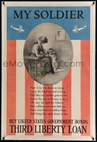 7y081 MY SOLDIER linen 28x42 WWI war poster '17 Green art of child saying kid's prayer for soldiers!