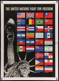 7y097 UNITED NATIONS FIGHT FOR FREEDOM linen 29x40 WWII war poster '42 art of Lady Liberty & flags!