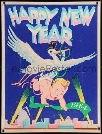 7z022 HAPPY NEW YEAR 1964 30x40 '64 great artwork of stork carrying baby high above city!