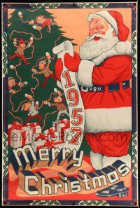 7z001 MERRY CHRISTMAS 1957 40x60 '57 great artwork of Santa Claus with his list by tree & presents!