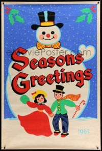 7z002 SEASONS GREETINGS 1963 40x60 '63 great art of happy kids playing with gigantic snowman!