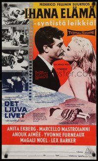 7z147 LA DOLCE VITA Finnish '60 Federico Fellini, Marcello Mastroianni kissing sexy Anita Ekberg!