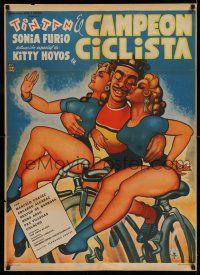 7z134 EL CAMPEON CICLISTA Mexican poster '57 great Cabral art of Tin-Tan & sexy girls bicycling!