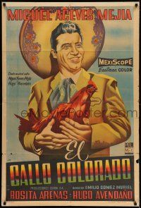 8a020 EL GALLO COLORADO Argentinean '57 cool art of Miguel Aceves Mejia holding The Red Rooster!