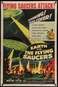 8a184 EARTH VS. THE FLYING SAUCERS 1sh '56 sci-fi classic, cool art of UFOs & aliens invading!