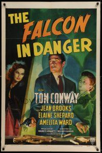 8a187 FALCON IN DANGER 1sh '43 art of detective Tom Conway between Jean Brooks & Elaine Shepard!