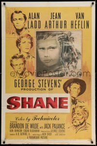 8a226 SHANE 1sh '53 most classic western, Alan Ladd, Jean Arthur, Van Heflin, Brandon De Wilde