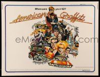 8b088 AMERICAN GRAFFITI 1/2sh '73 George Lucas teen classic, wacky Mort Drucker artwork of cast!
