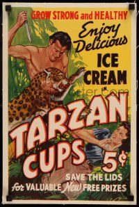8b022 TARZAN ICE CREAM CUPS linen 12x18 advertising poster '34 art of jungle hero fighting jaguar!