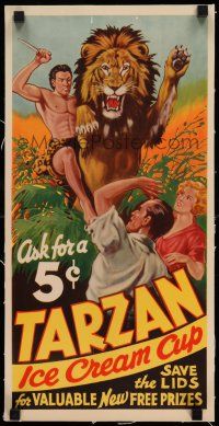 8b021 TARZAN ICE CREAM CUPS linen 10x21 advertising poster '34 art of jungle hero fighting a lion!